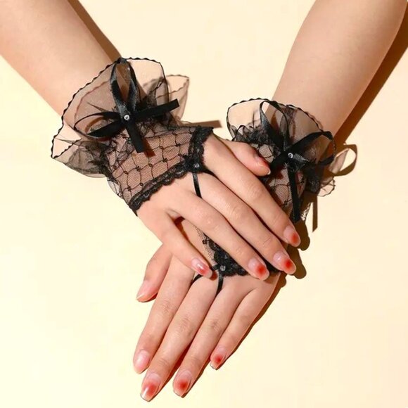 Black Sexy Lace Gloves Fingerless Ribbon Rhinestone Cosplay Goth Punk Fetish - Picture 1 of 3